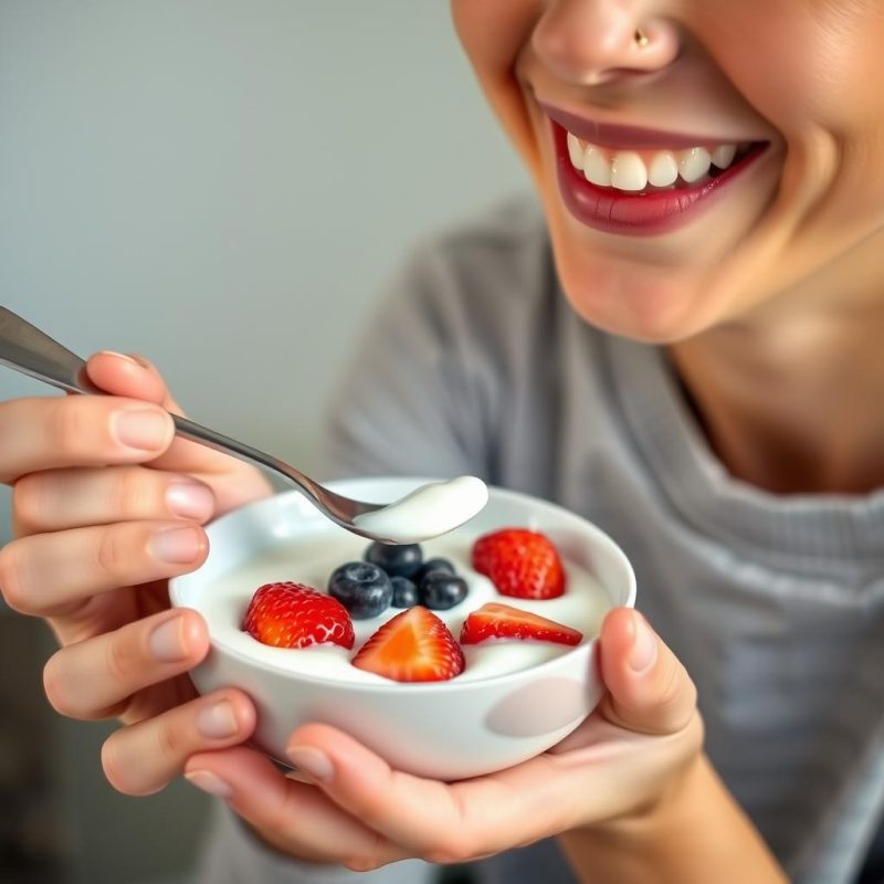 Person enjoying yogurt, a common probiotic food