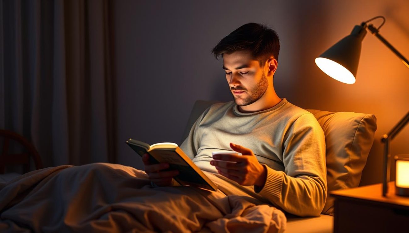 Person establishing healthy sleep routine with evening relaxation