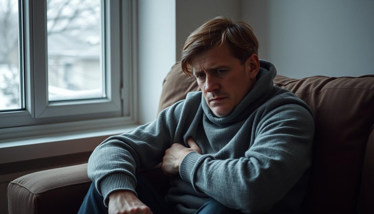Person exhibiting symptoms of seasonal affective disorder (SAD) like fatigue and low mood