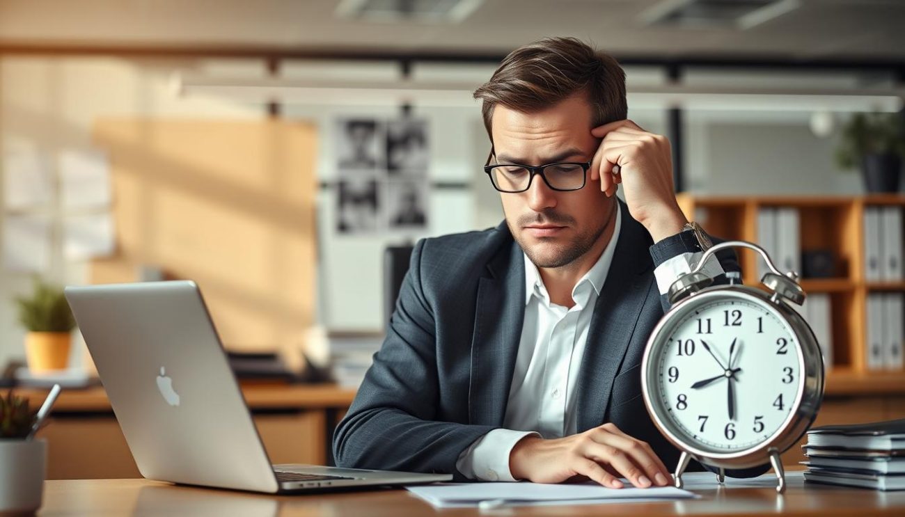 Person experiencing afternoon slump at desk with clock showing 2:30pm