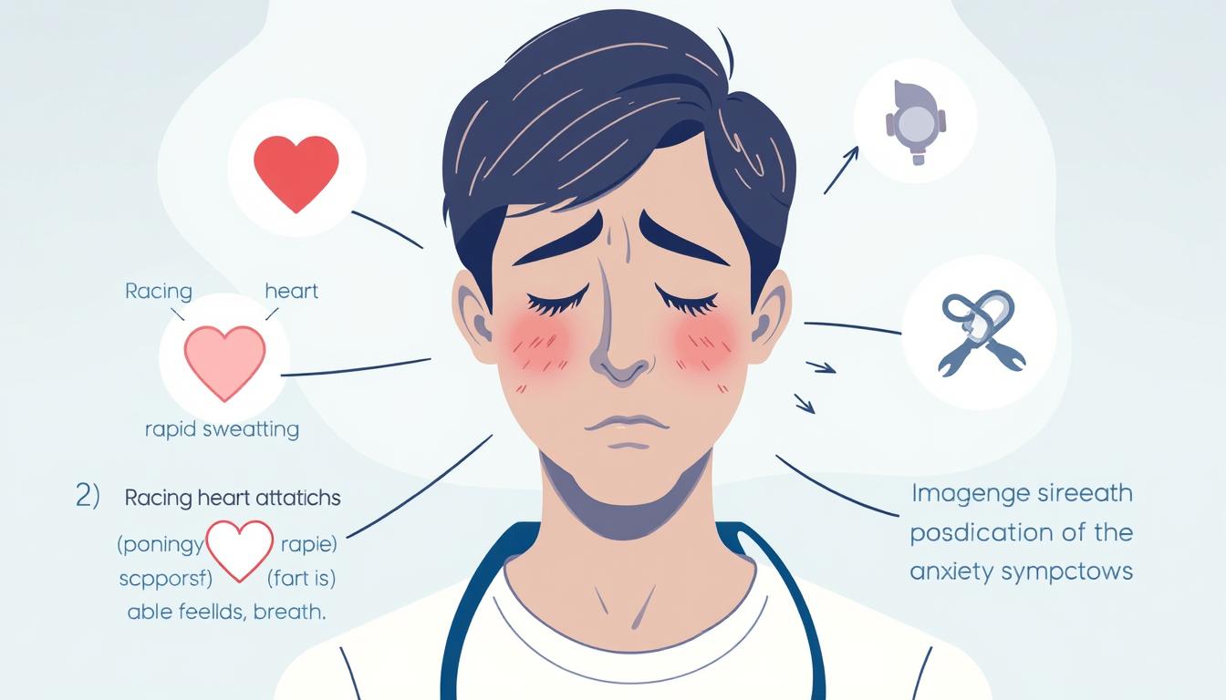 Person experiencing anxiety attack symptoms with visual representation of racing heart, shortness of breath, and panic