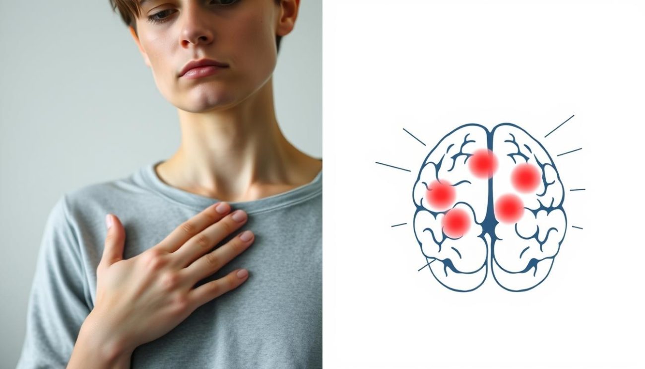 Person experiencing anxiety symptoms with visual representation of stress in the brain
