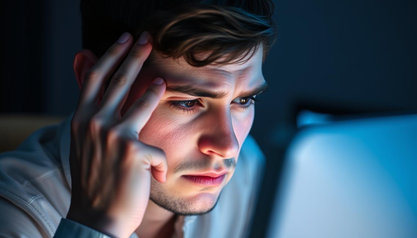 Person experiencing eye fatigue while working at computer