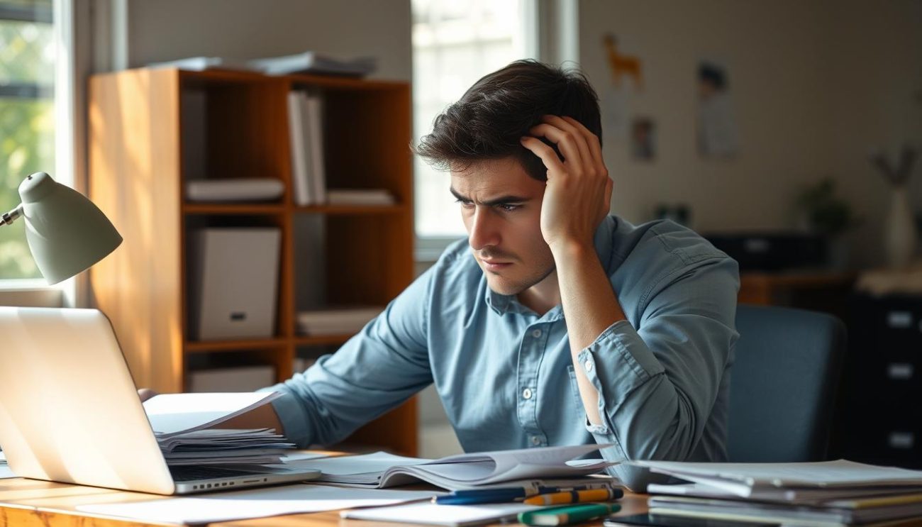 Person experiencing mental fog symptoms while working at desk