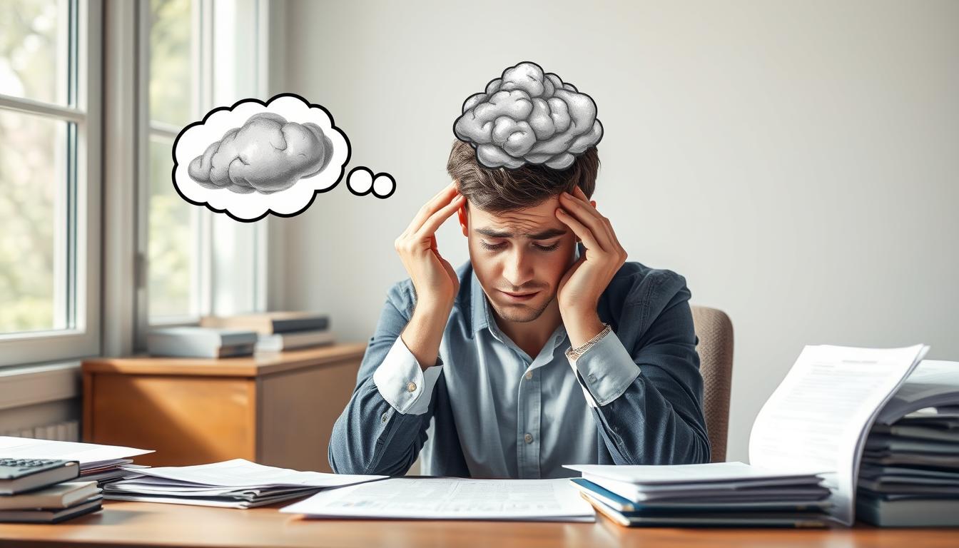 Person experiencing mental fog symptoms while working at desk with Shilajit and mental fog causes illustrated