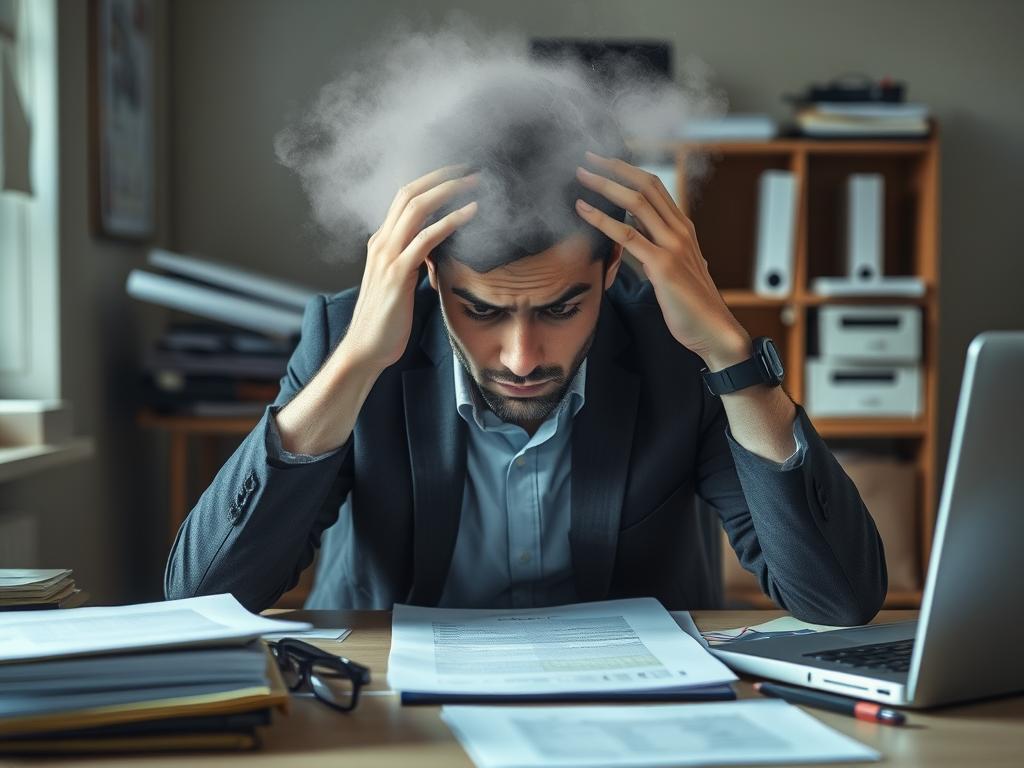 Person experiencing mental fog symptoms while working