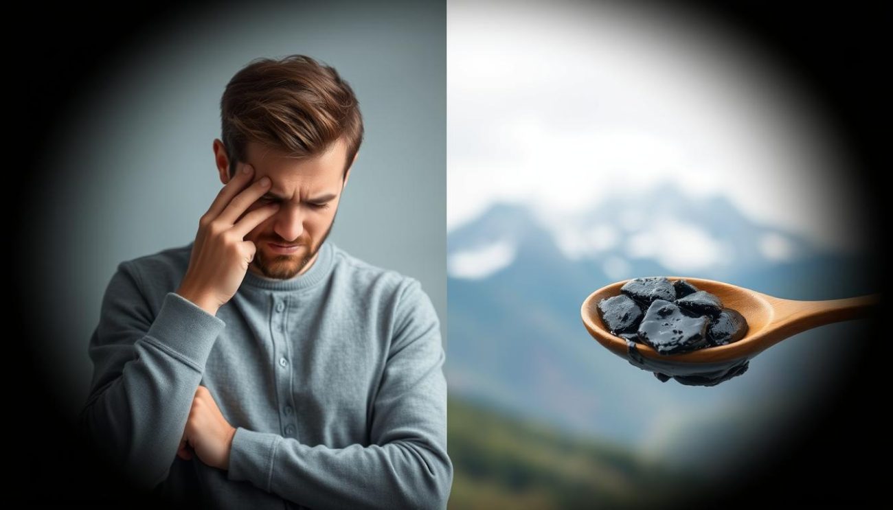 Person experiencing mental fogginess symptoms with Shilajit resin nearby