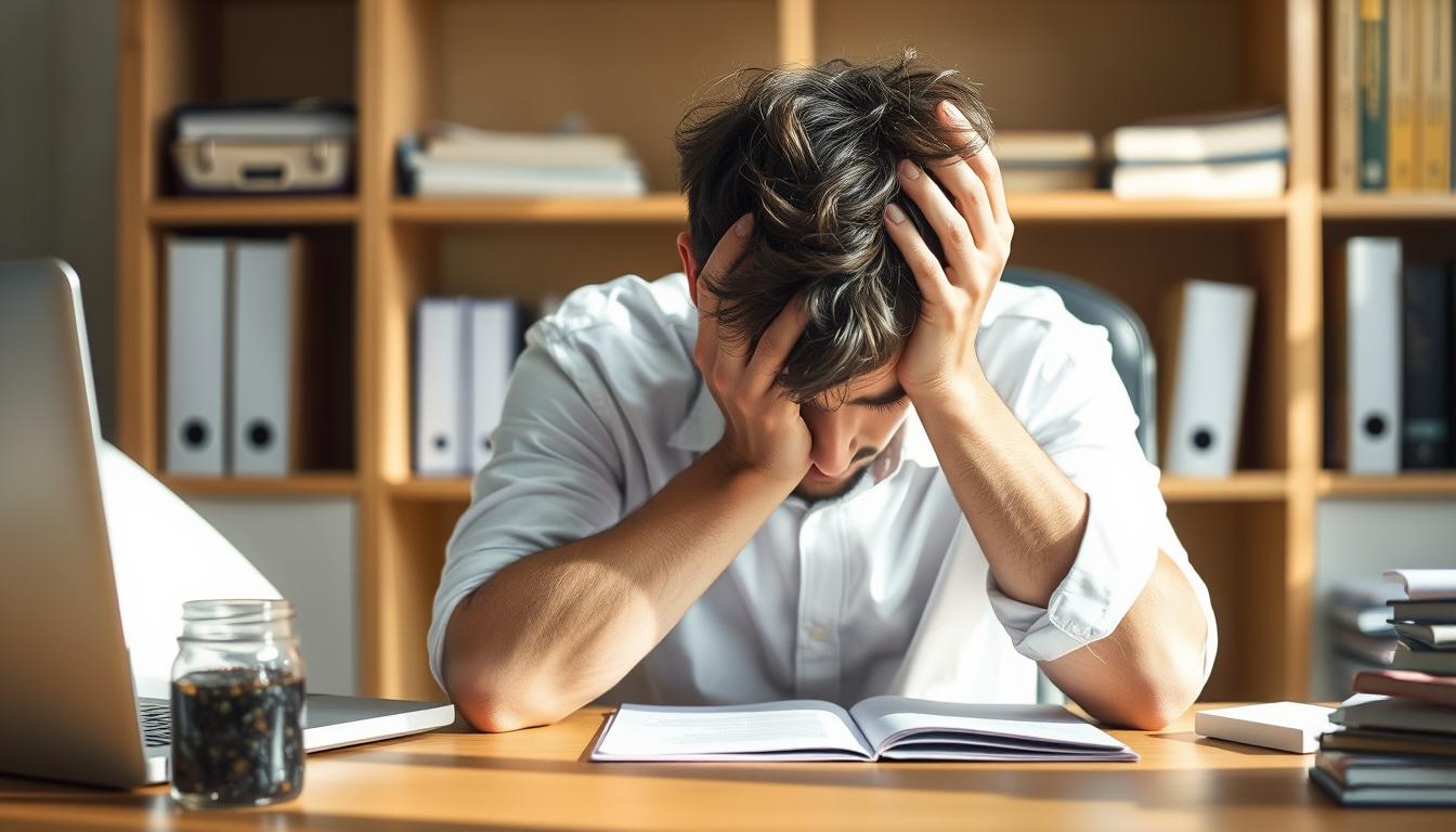 Person experiencing mental fogginess while working at desk with Shilajit for mental fogginess remedy nearby