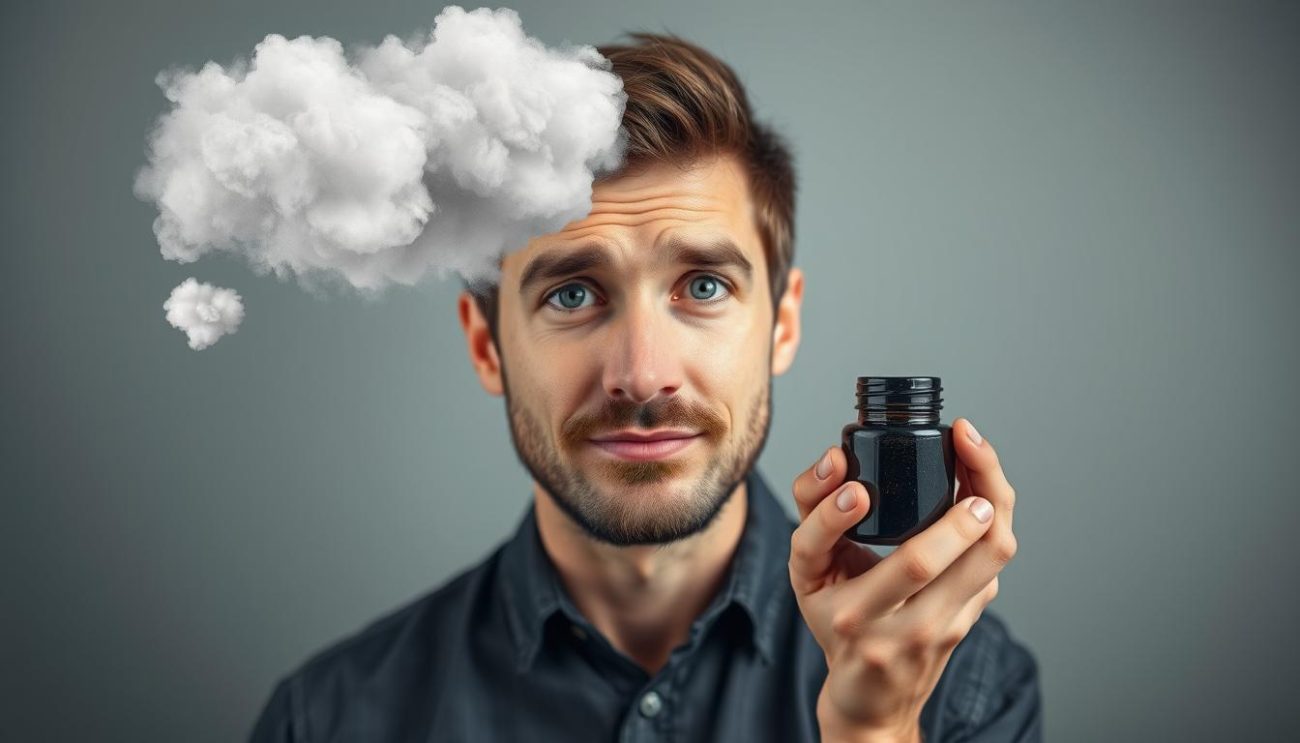 Person experiencing mental fogginess with cloudy thought bubbles visualized around their head, contrasted with Shilajit for mental fogginess as a natural solution