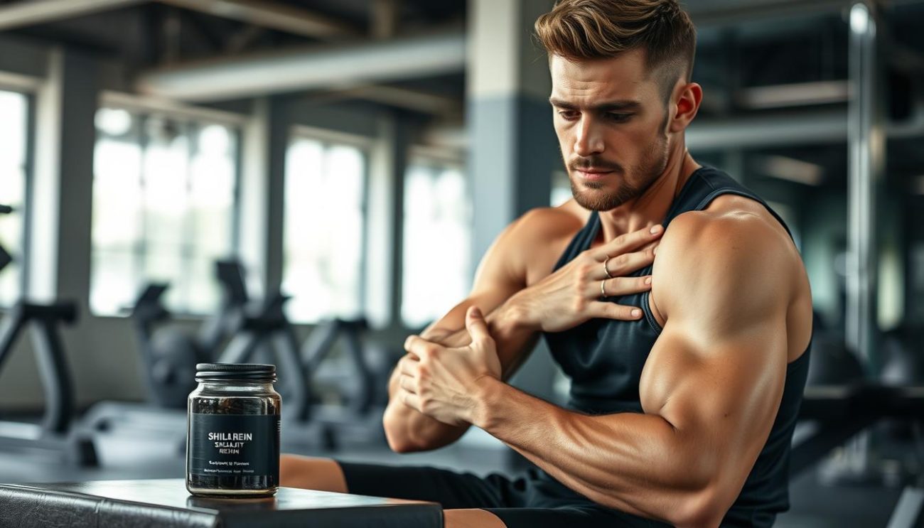 Person experiencing muscle fatigue after workout with Shilajit for muscle fatigue and soreness remedy nearby