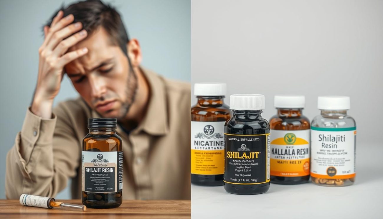 Person experiencing nicotine withdrawal symptoms while Shilajit and vitamins to quit smoking are shown nearby