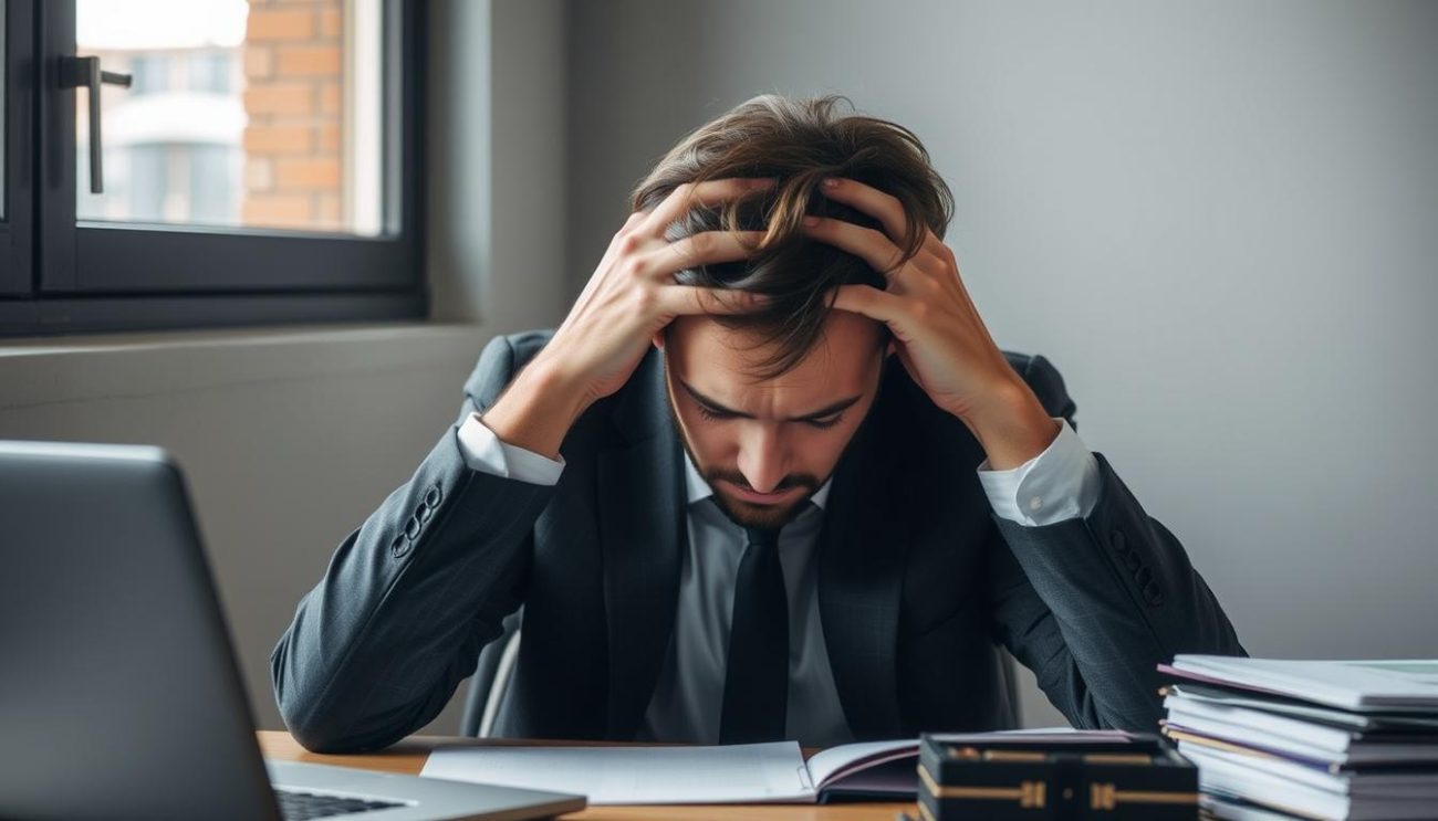 Person experiencing post-COVID fatigue symptoms while sitting at desk with head in hands