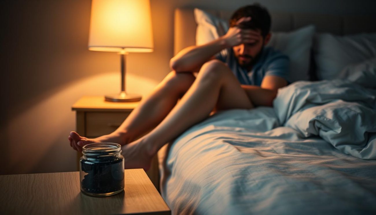 Person experiencing restless leg syndrome symptoms at night, with Shilajit resin nearby as a potential remedy
