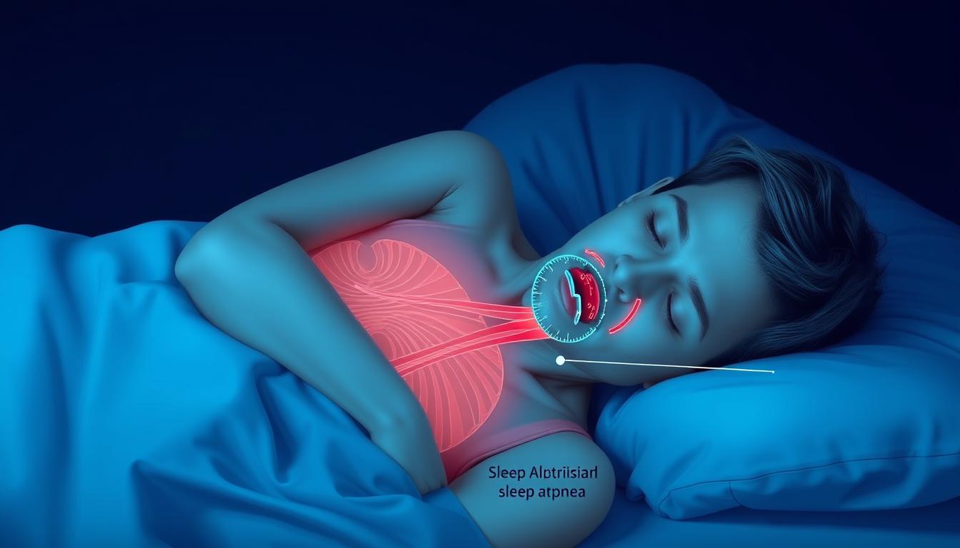 Person experiencing sleep apnea symptoms with visual representation of breathing interruption