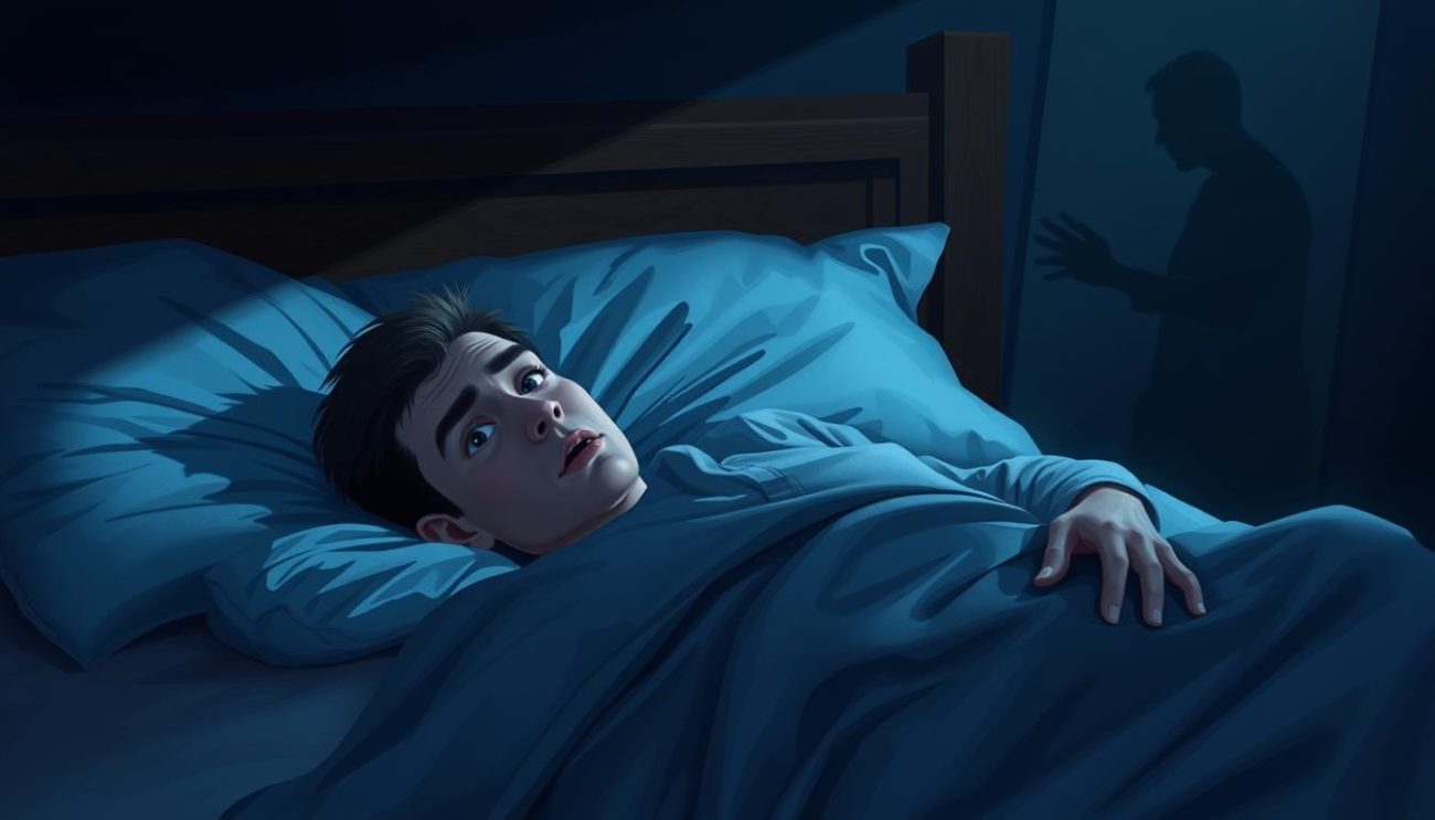 Person experiencing sleep paralysis with shadowy figure in bedroom