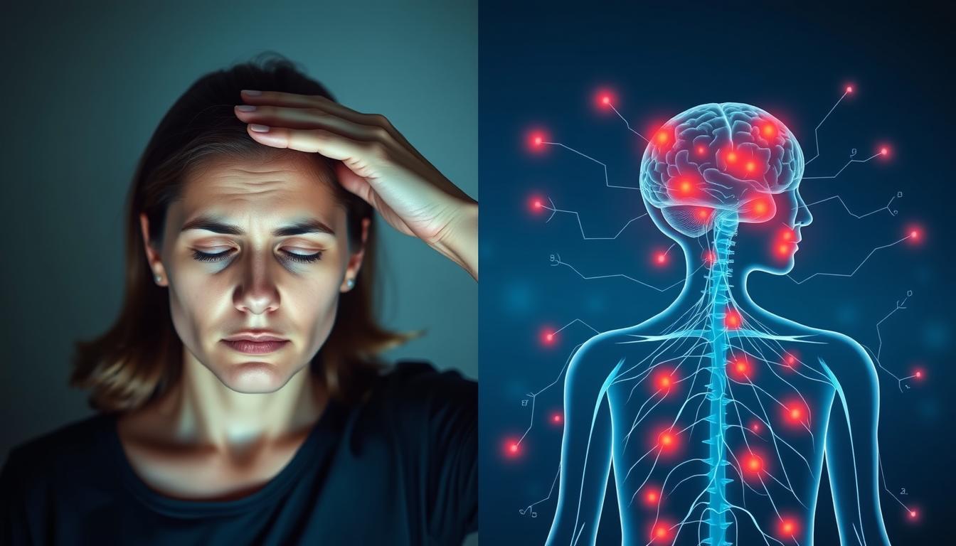 Person experiencing stress and anxiety symptoms with visual representation of stress on the mind and body