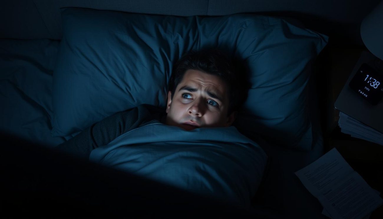 Person experiencing stress before bedtime, affecting sleep quality and causing tiredness after 8 hours of sleep