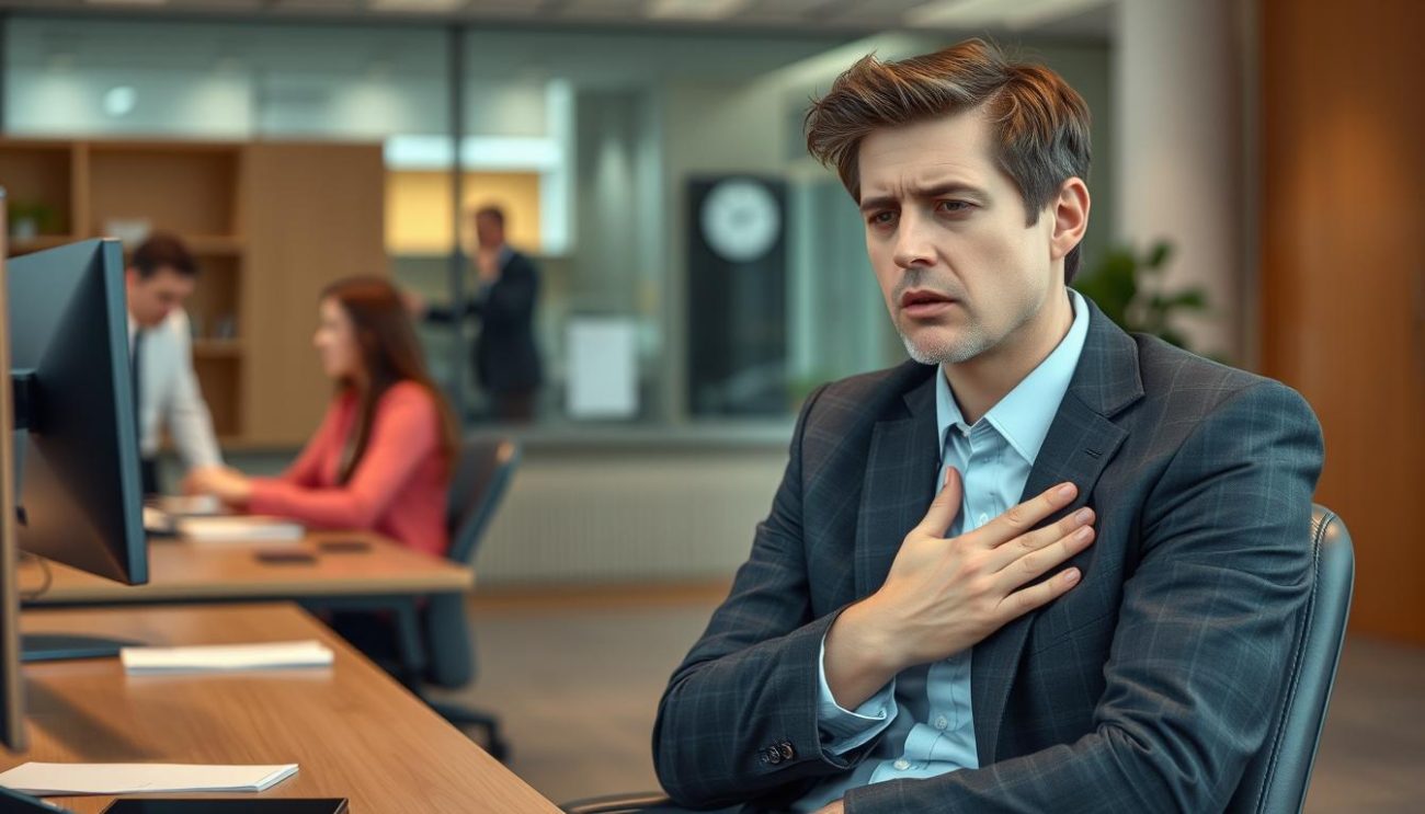 Person experiencing symptoms of a panic attack at work with visible signs of distress