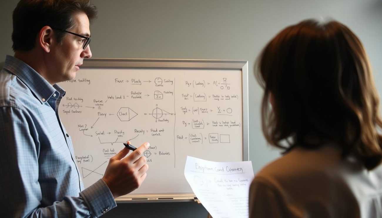 Person explaining a concept to someone else using simple terms and diagrams