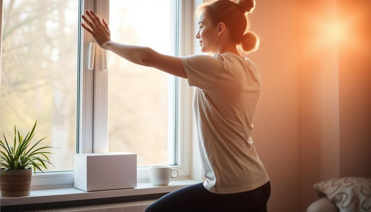 Person following a morning routine with light therapy for seasonal affective disorder (SAD)