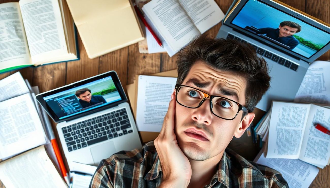 Person frustrated with traditional learning methods showing books and notes scattered on desk