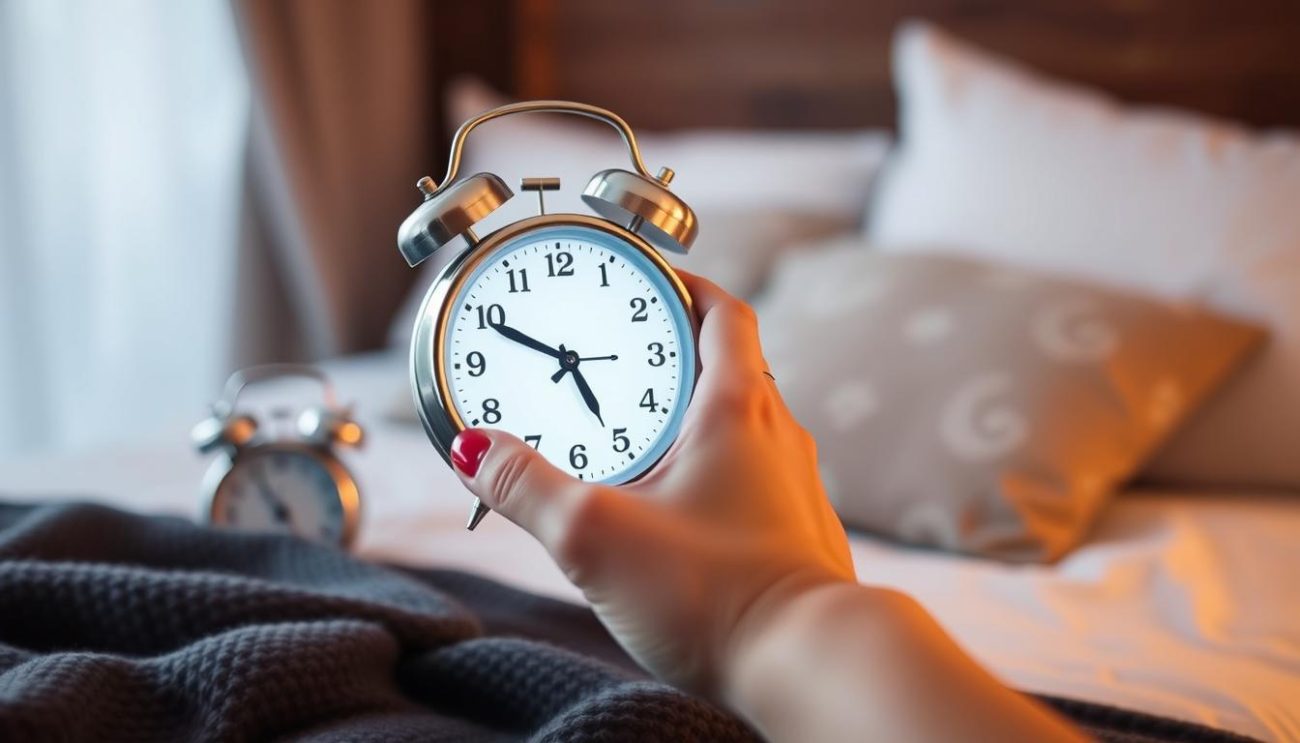 Person gradually adjusting alarm clock earlier, showing how to become a morning person