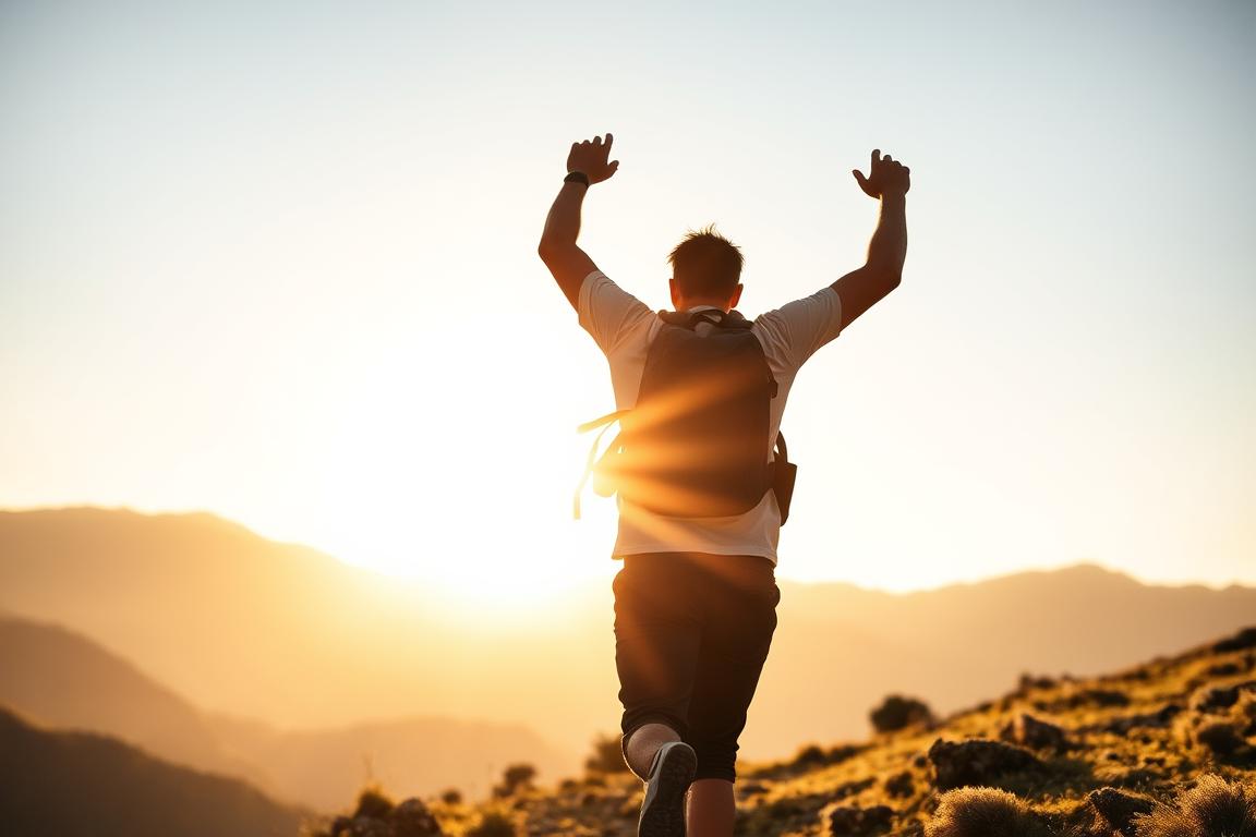 Person hiking energetically in mountains representing shilajit's energy-boosting properties