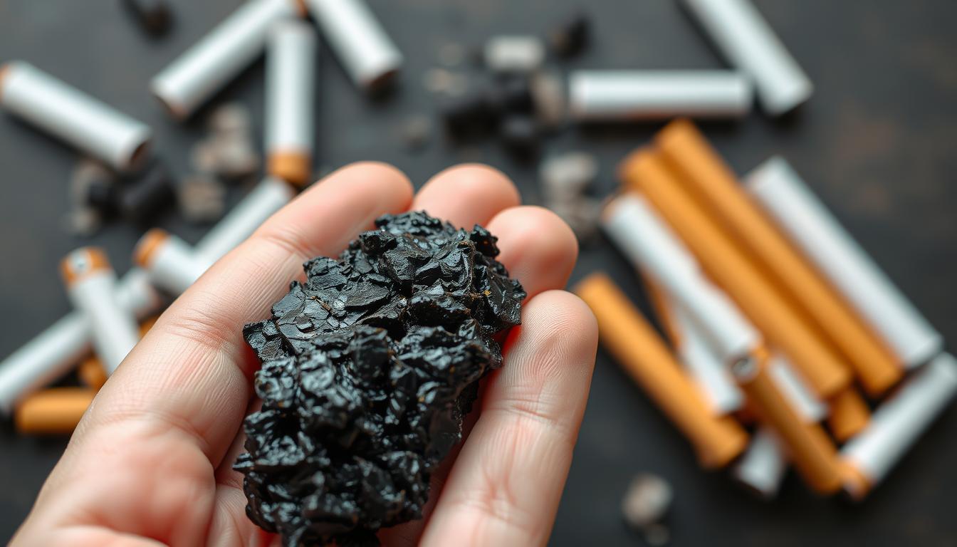 Person holding Shilajit resin with cigarettes being discarded in background