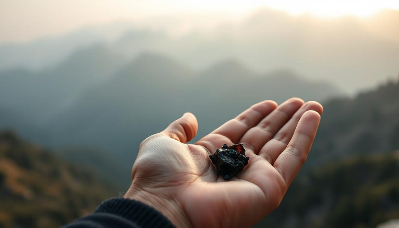 Person holding shilajit resin with mountains in background, symbolizing natural approach to quit smoking with shilajit