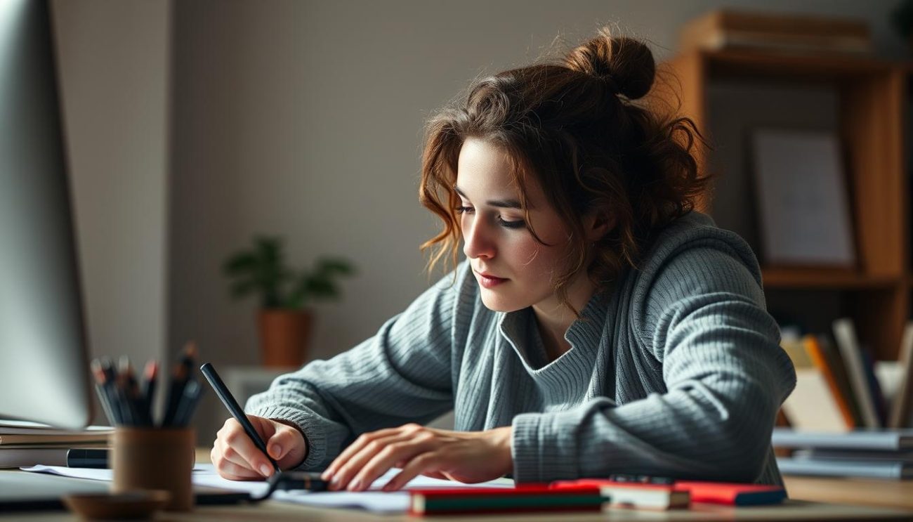 Person in flow state working with intense focus and concentration