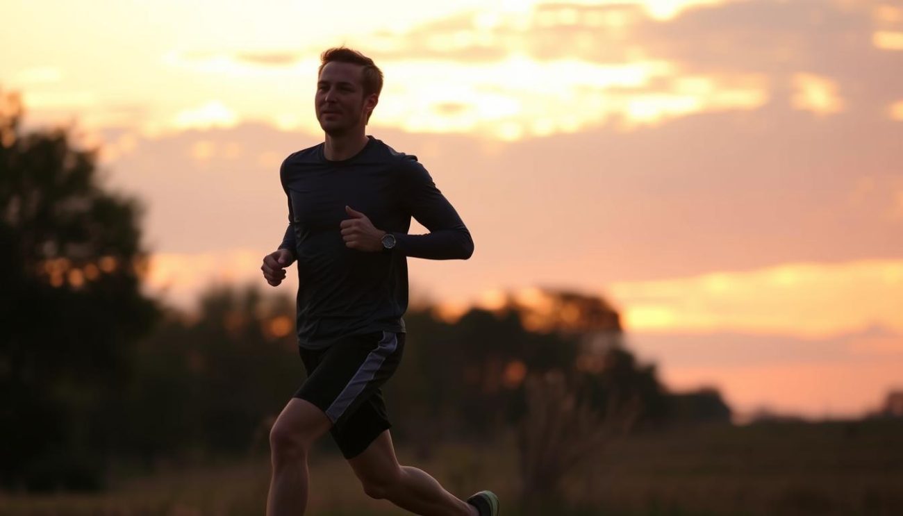 Person jogging at sunrise, showcasing physical activity benefits of waking up early