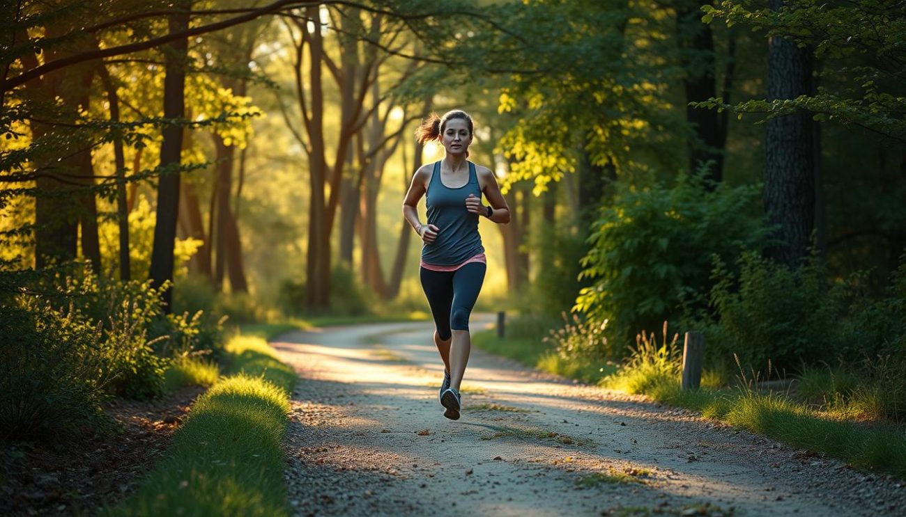 Person jogging outdoors in nature for stress relief and anxiety management