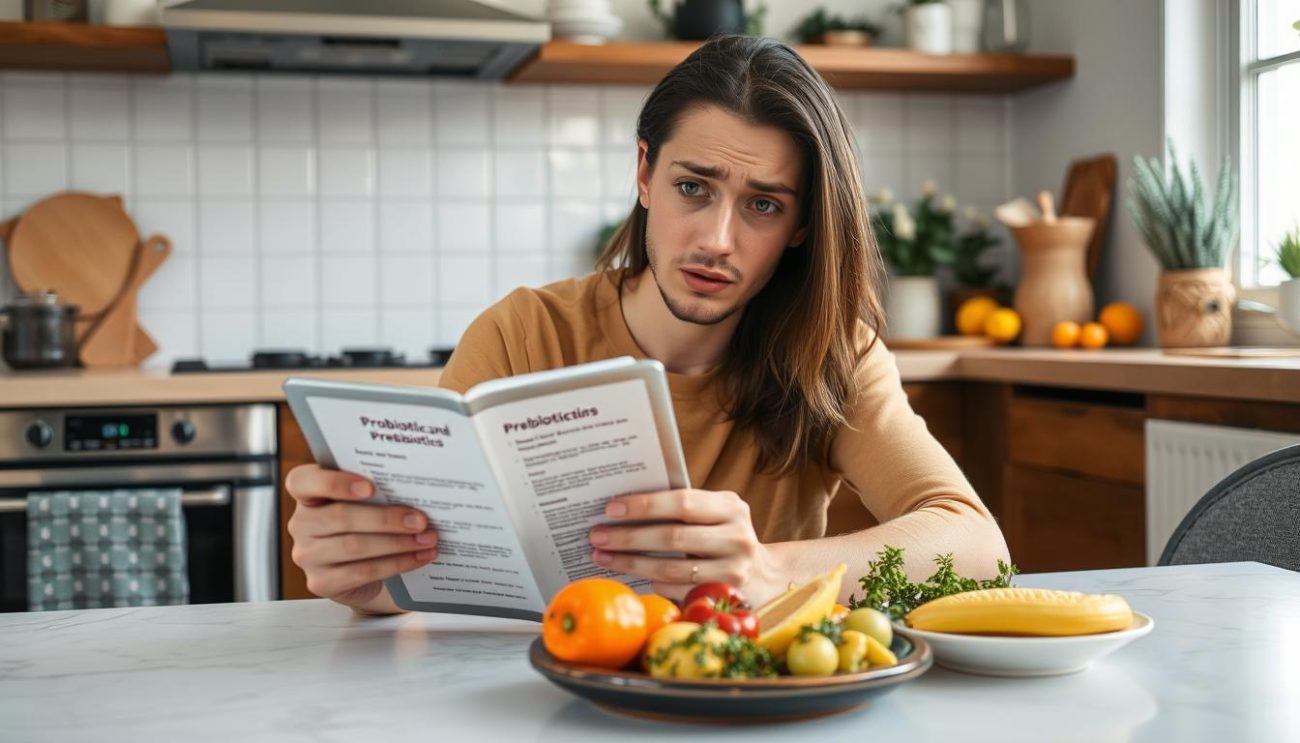 Person looking confused while reading about probiotics and prebiotics on a tablet