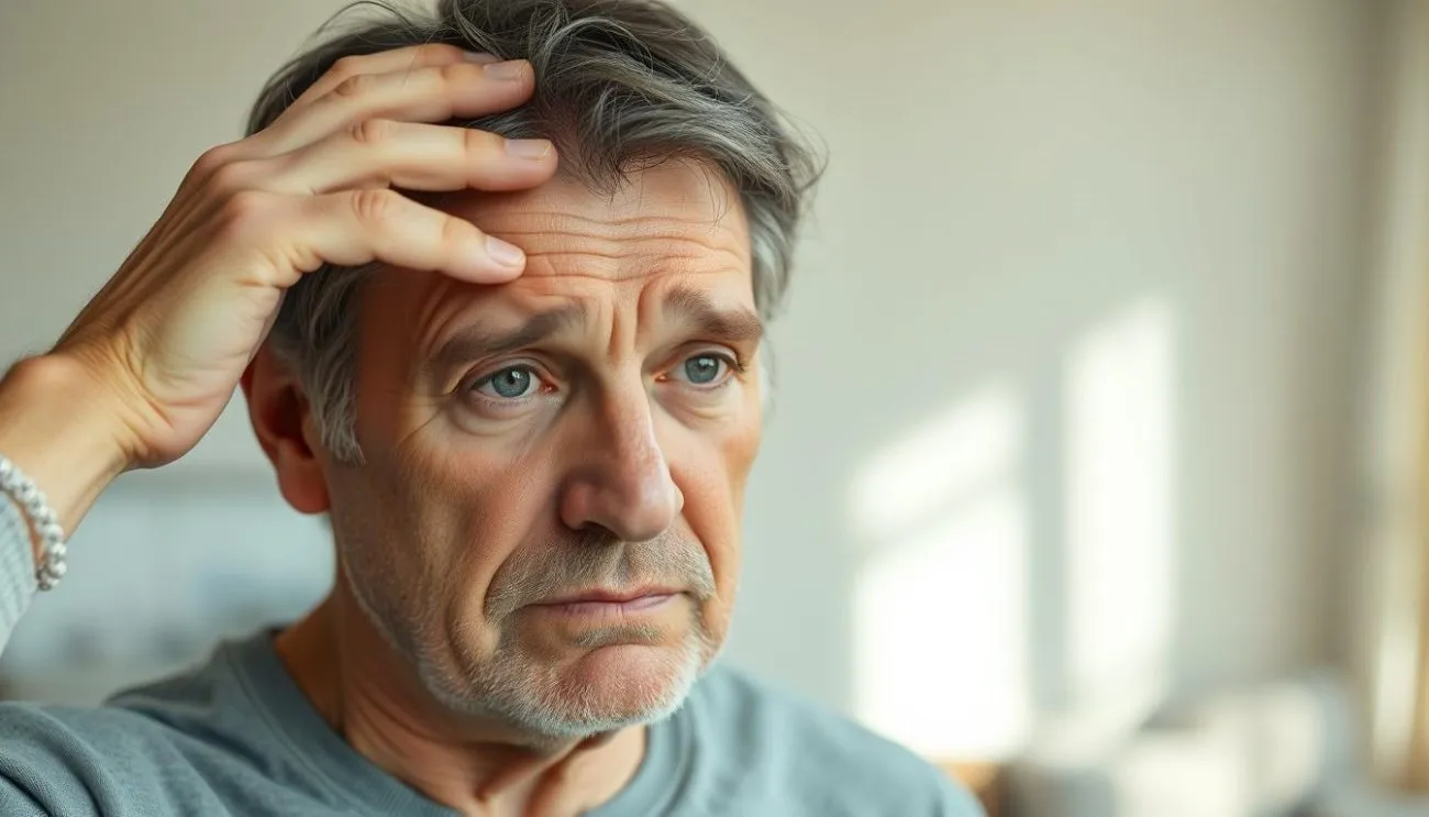 Person looking confused while trying to remember something, illustrating normal forgetfulness