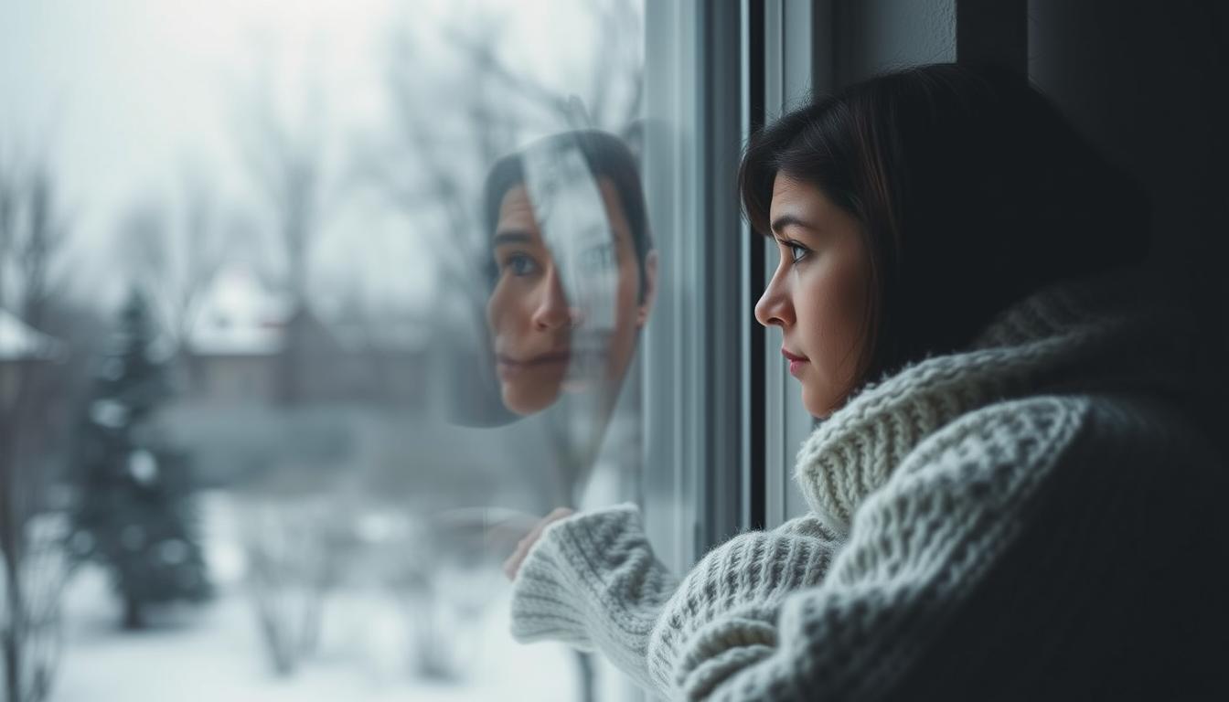 Person looking out window on a cloudy winter day, illustrating seasonal affective disorder (SAD)