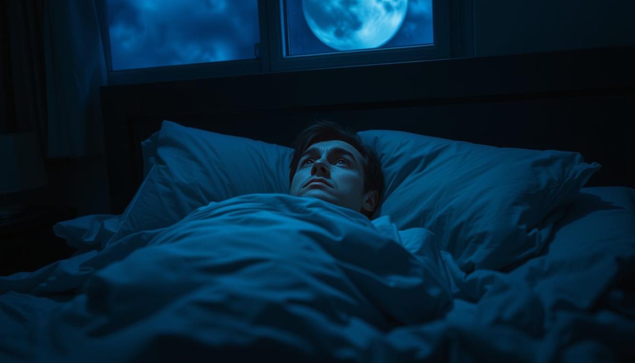 Person lying awake in bed looking at ceiling, illustrating the frustration of not being able to fall asleep