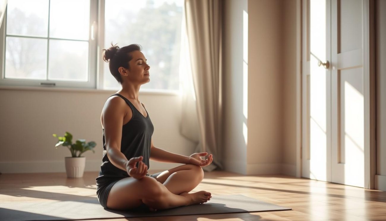 Person meditating in morning sunlight, showing mental health benefits of waking up early