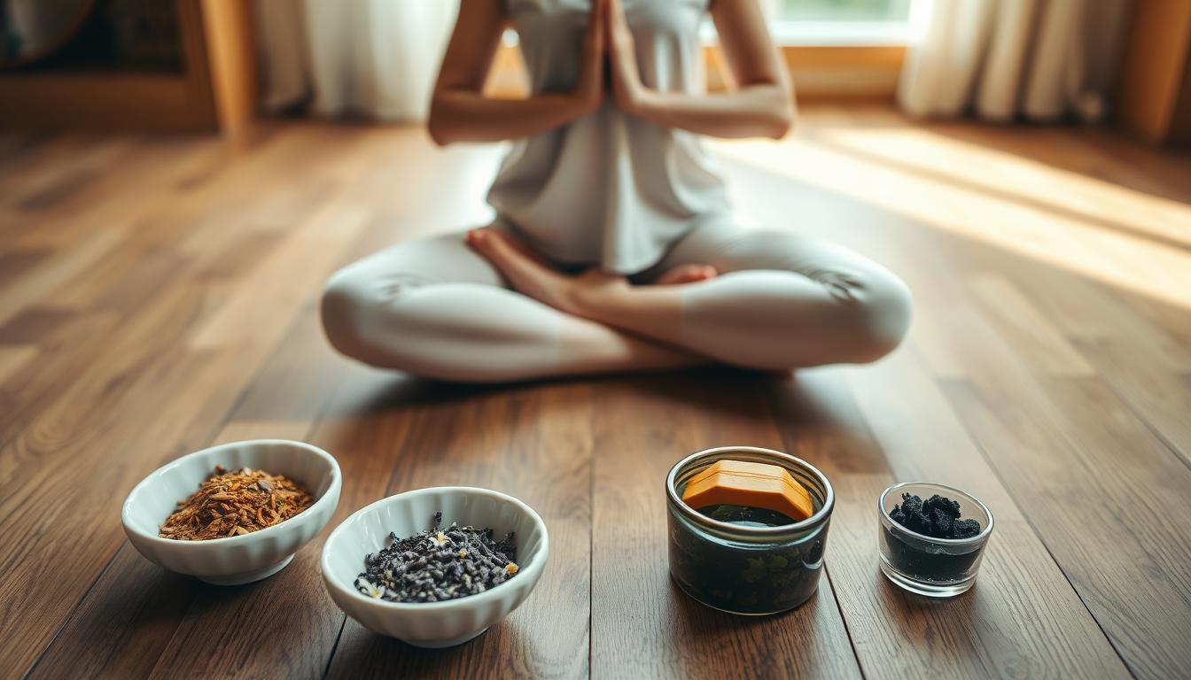 Person meditating with various stress-relieving herbs including Shilajit displayed nearby