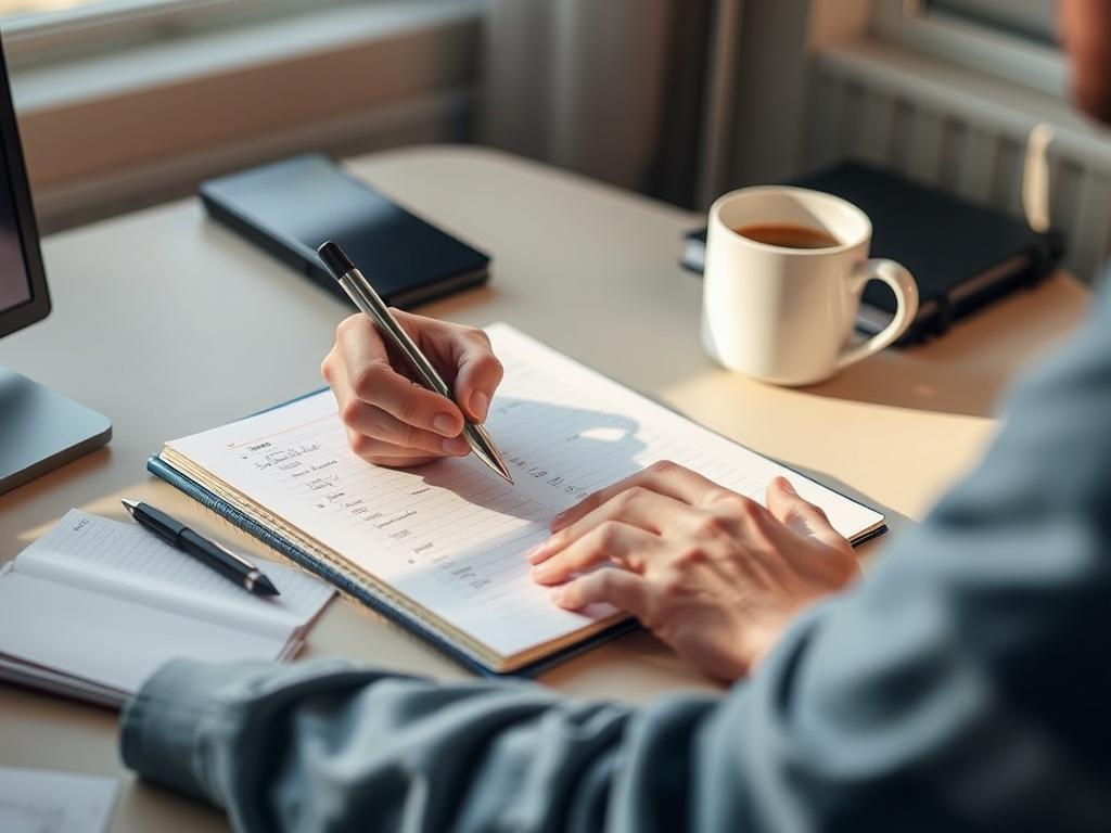 Person planning day in journal during early morning, illustrating time management benefits of waking up early