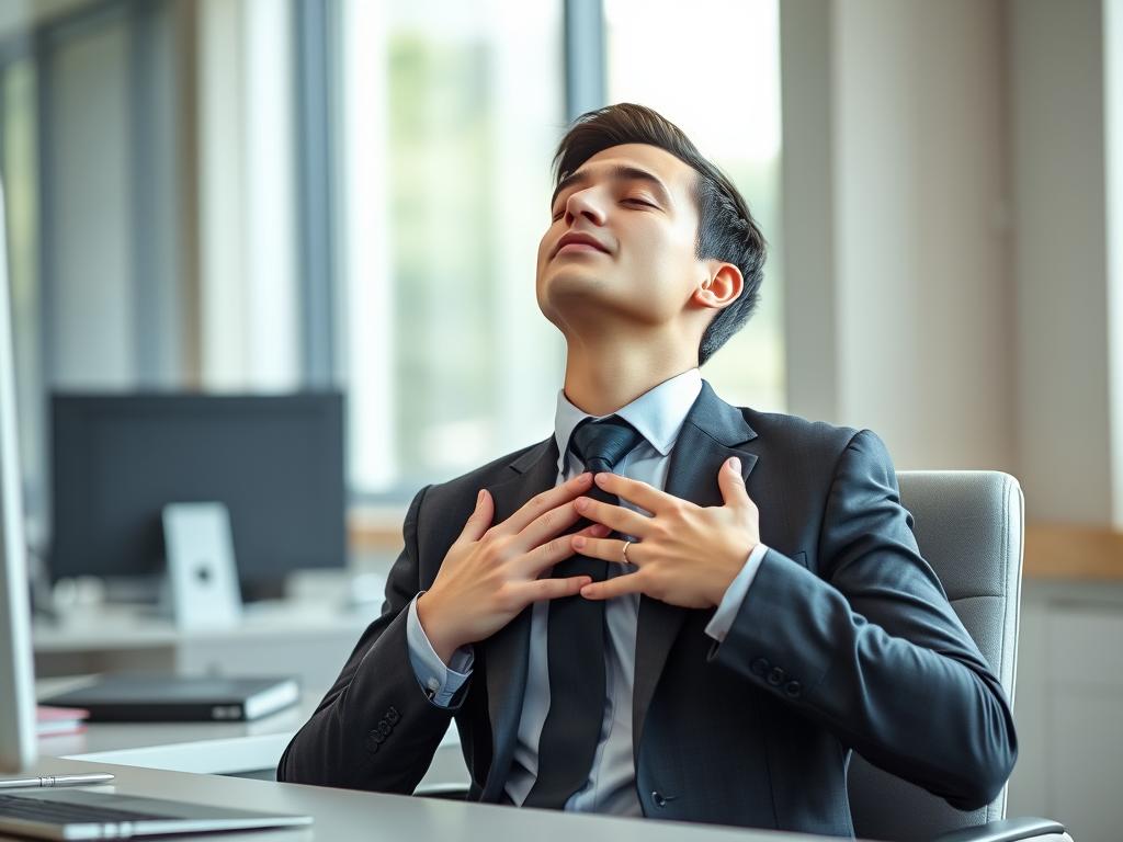 Person practicing deep breathing technique at office desk for anxiety relief