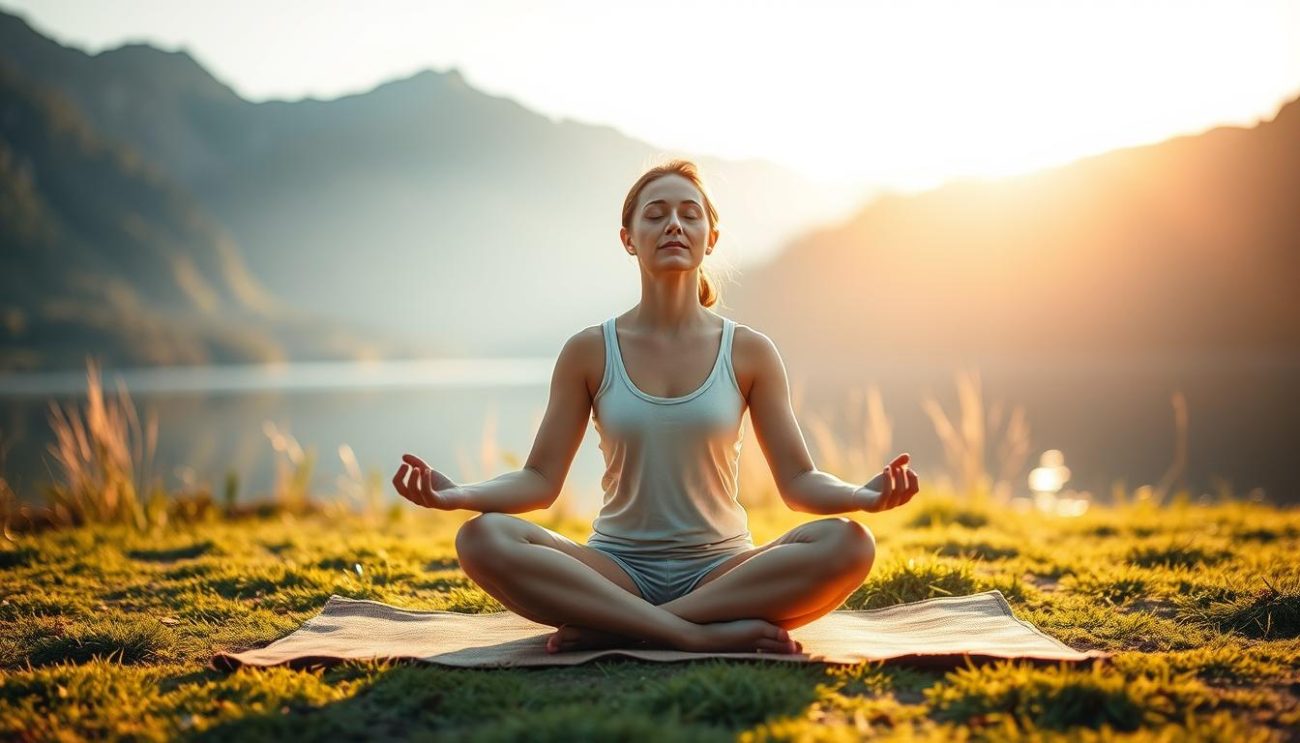 Person practicing meditation in a peaceful setting for anxiety relief