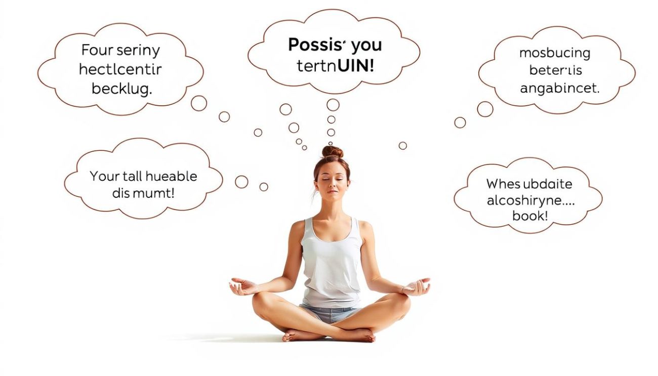Person practicing positive self-talk with thought bubbles showing positive affirmations