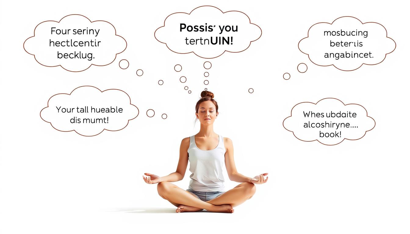 Person practicing positive self-talk with thought bubbles showing positive affirmations