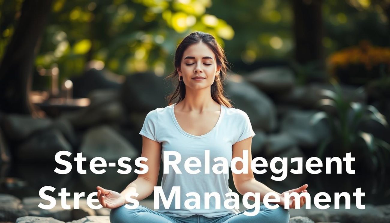 Person practicing stress reduction techniques to help manage symptoms of adrenal fatigue