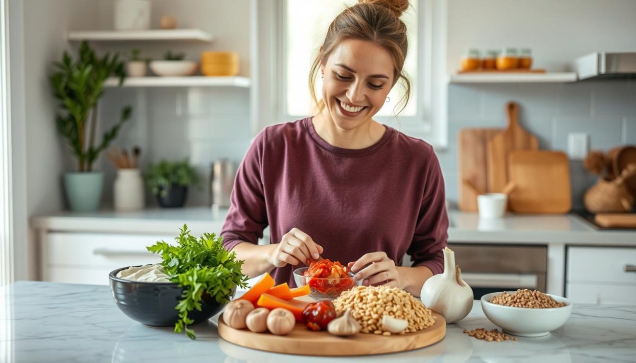 Person preparing a balanced meal with both probiotic and prebiotic foods