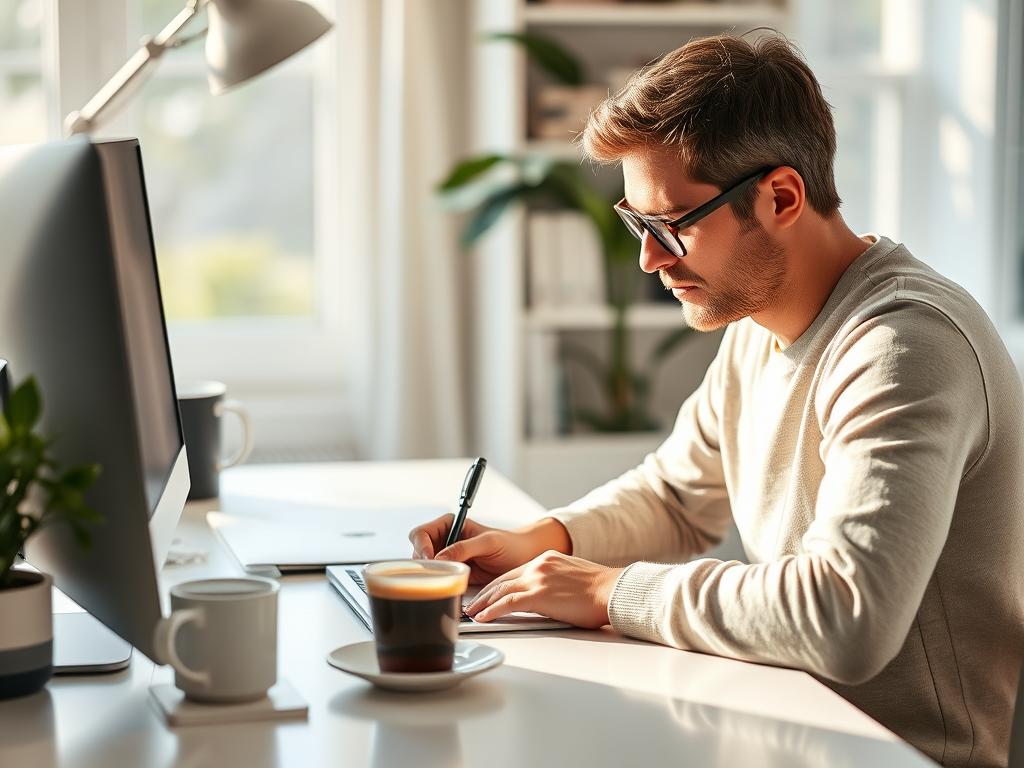 Person productively working at desk during early morning hours, demonstrating benefits of waking up early