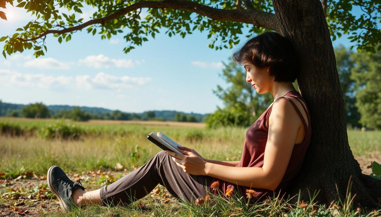 Person relaxing outdoors away from digital devices during digital detox