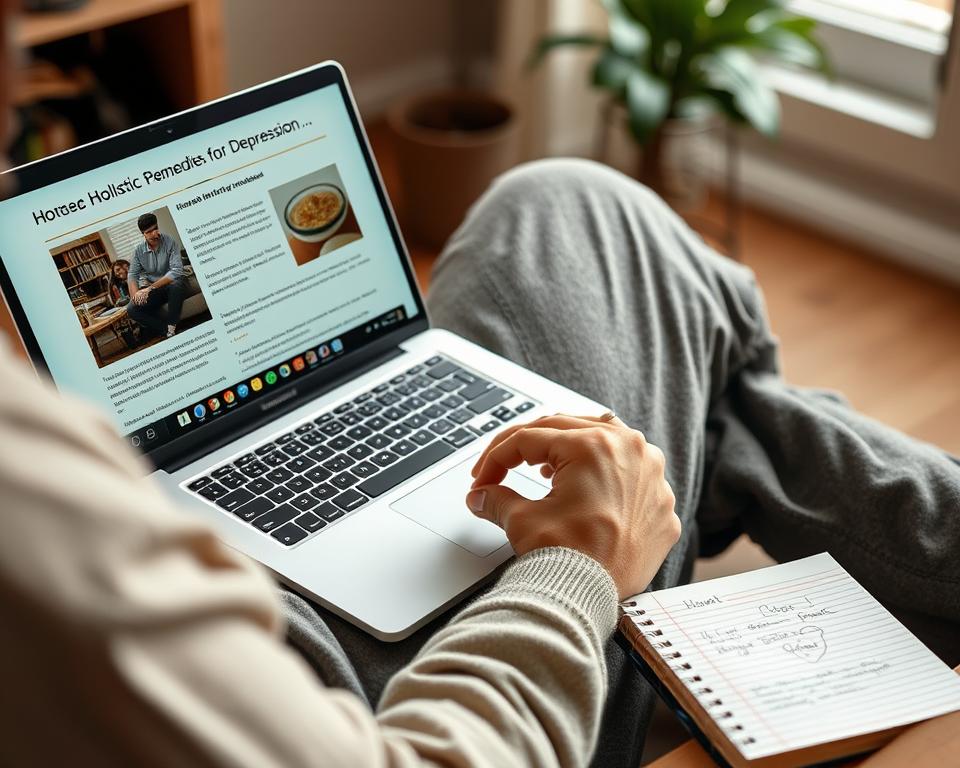 Person researching holistic remedies for depression including Shilajit online