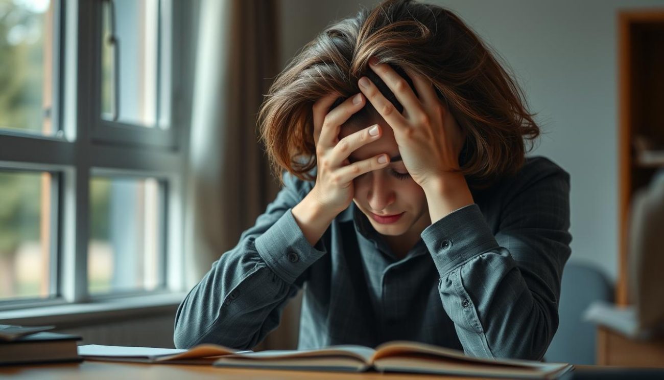 Person showing signs of fatigue with head in hands
