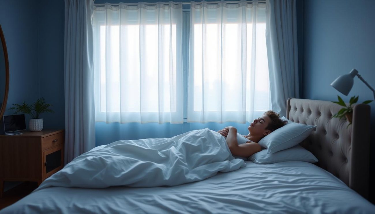 Person sleeping peacefully in a perfectly optimized bedroom environment